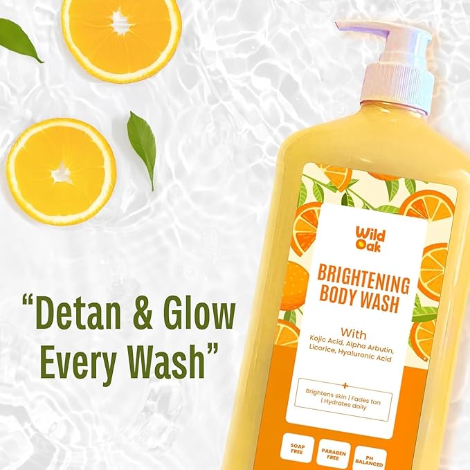 Wild-Oak Brightening &amp De-Tan Body Wash | Kojic Acid Alpha Arbutin Niacinamide Hyaluronic Acid | With Ceramides &amp Probiotics | Shower Gel for Tan Removal &amp Glowing Skin | 750ml