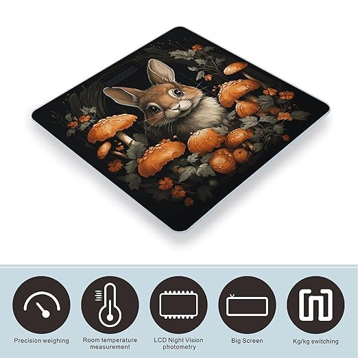 Rabbit with Mushrooms Bathroom Scale Automatic Power On/Off Body Scales LCD Backlight Display Square Digital Scale Rounded Corners Bathroom Scales for Home Bedrooms