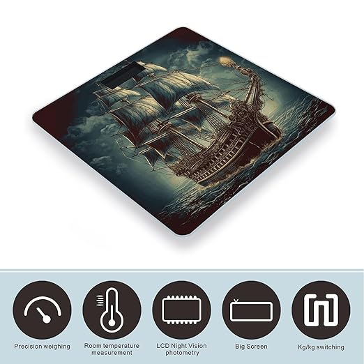 Nautical Vintage Sailing Pirate Ship Weight Scale Large Bathroom Scales Digital Weight with Bright LED Display Non Slip Automatic Weighing Scale Fashion Weighing Machine for Body