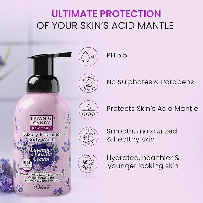 Luxury Foaming Body Wash with PentavitinPro Vit B5Argan OilAloe Vera Skin Friendly pH 5.5 All Skin Types 400 Ml (Lavender &amp Vanilla)