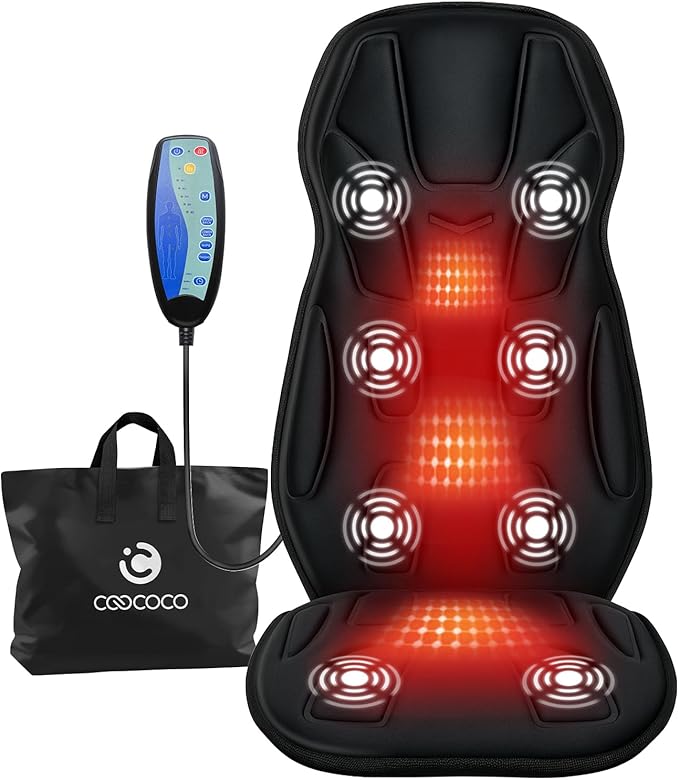 CooCoCo Back Massager with Heat 8 Vibrating Motors Massage Chair Pad with 2 Heating Levels Massage Seat Cushion with Auto Shutoff for Home Office Chair Gifts for Mom Dad Men Women Teens