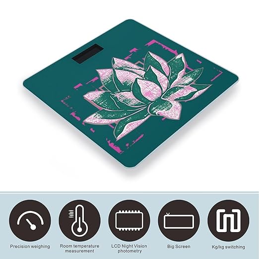 Lotus Flower Namaste Scale for Body Weight Anti-Slip Tempered Glass Digital Bathroom Scales Clear LCD Display Weighing Scale Safe Rounded Corners Smart Scales