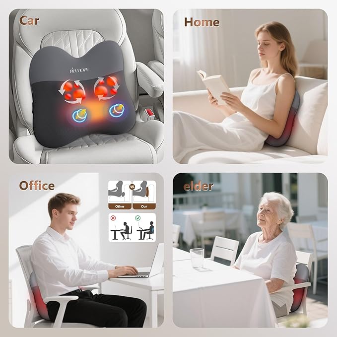 belhope Back Massager with Heat Cordless Back Massage for Pain Relief Deep Tissue 4D Shiatsu and Percussion Massage Lower Back Massager for Office Chair Mother's Day Gifts for Women Men Grey