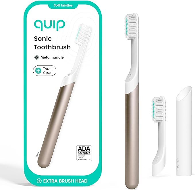 Quip Metal Sonic Electric Toothbrush for Adults - Time Travel &amp Soft Bristles with Travel Case &amp Replacement Brush Head - 3 Month Battery Life Peach Gold