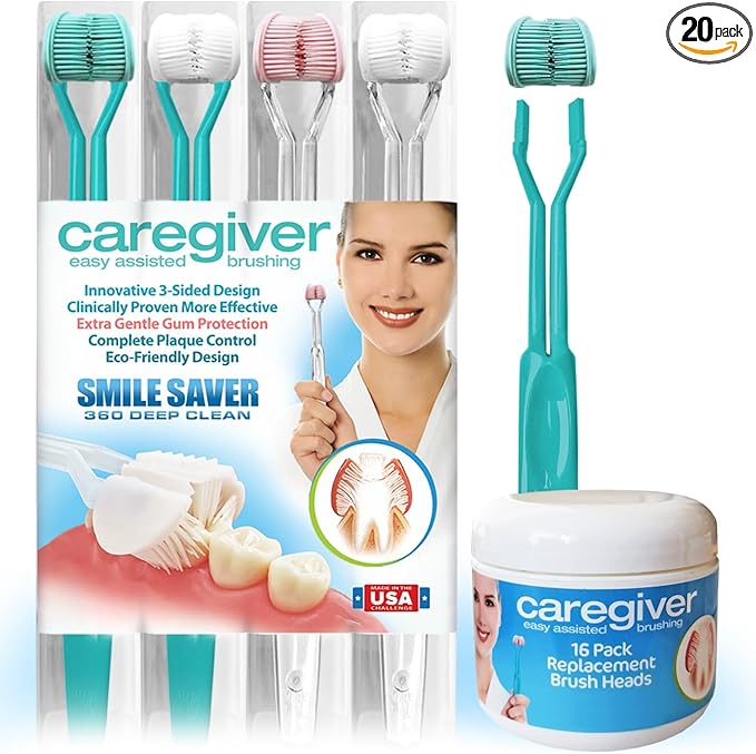 Caregiver 3-Sided Toothbrush | 4-Pack + 16 Replacement Heads | Easy Assisted Brushing for Autism Special Needs Disabilities Seniors &amp Dexterity | Gentle U-Shaped Triple Clean Soft | Made in USA