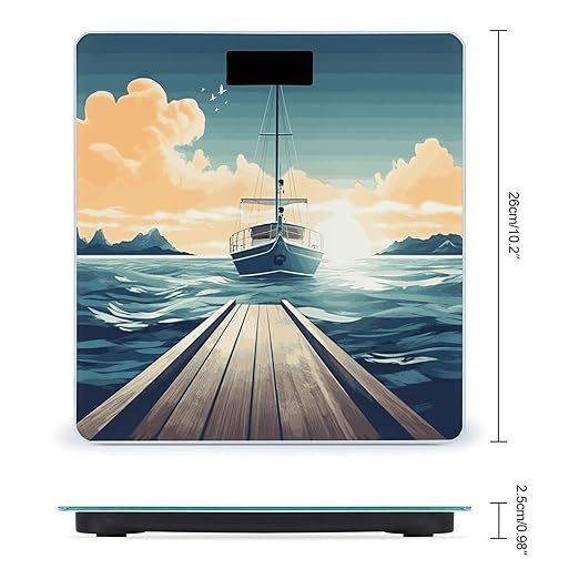 Boat Seascape Theme Bathroom Scale for Body Weight Bathroom Digital Electronic Weighing Scale with Back Lit LED Display Sturdy Tempered Glass Weight Watchers Scales 400lb