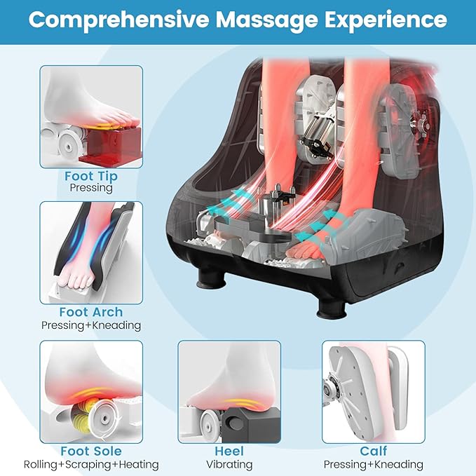 RELAX4LIFE Foot and Calf Massager Shiatsu Foot Massager Machine w/Heating Kneading Vibration Rolling Adjustable Speed &amp Tilt Base Leg Massager for Pain Relief (Grey)