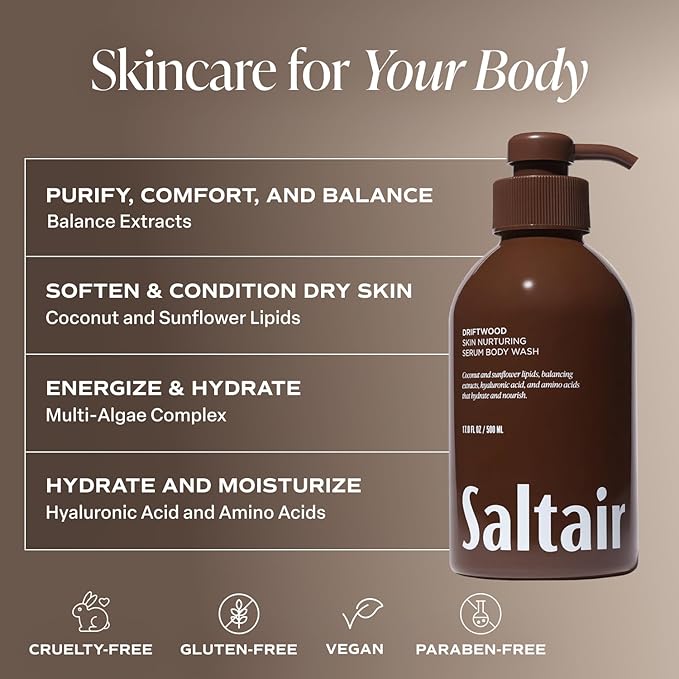 Saltair Body Wash 2-Pack – Moisturizing Body Wash with Hyaluronic Acid &amp Amino Acids – Scented Shower Gel for Women and Men – Driftwood Scent 2x 17oz – Vegan Cruelty-Free Paraben-Free