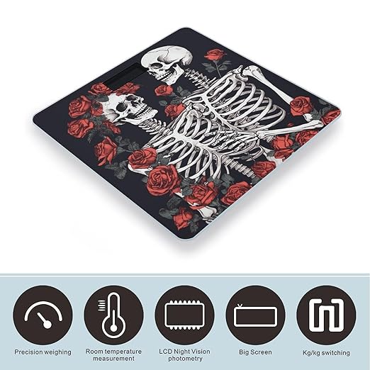 Rose and Skeleton Scale for Body Weight Anti-Slip Sturdy Tempered Glass Weighing Machine Highly Digital Accurate Bright LCD Bathroom Scale for Household Gift