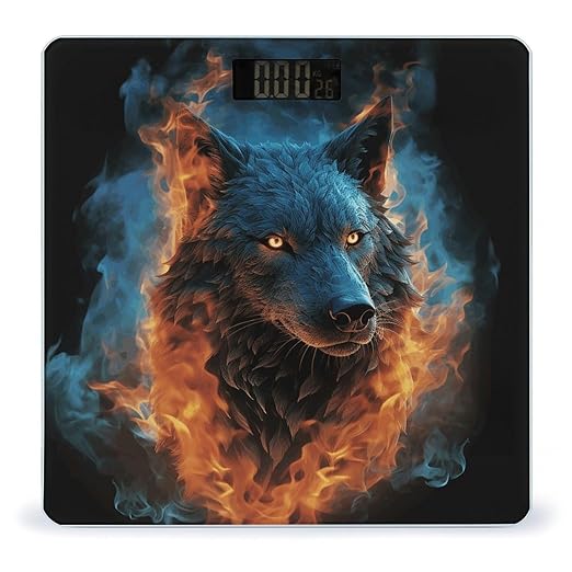 Wolf Head in Blue Flames Digital Bathroom Scale for Body Weight Weighing Scale with Backlit LCD Display High Precision Measurements &amp Measures Weight Up to 180kg
