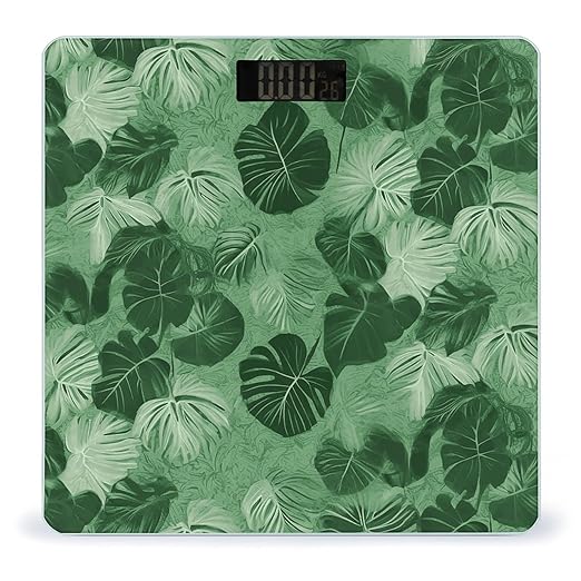 Green Tropical Leaves Scale for Body Weight Highly Accurate Digital Bathroom Scale Sturdy Tempered Glass Weighing Scales with LCD Display Fashion Body Fat Smart Scales 400lb