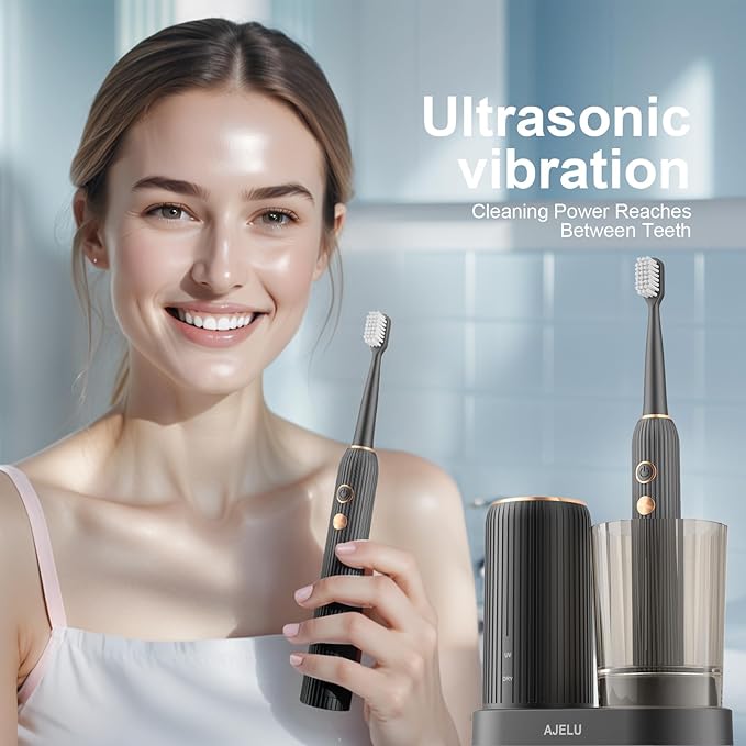 Sonic Electric Toothbrush for Adults with Drying Storage Holder 8 Brush Heads Smart Timer USB Rechargeable Deep Clean Power – Classic Black Edition