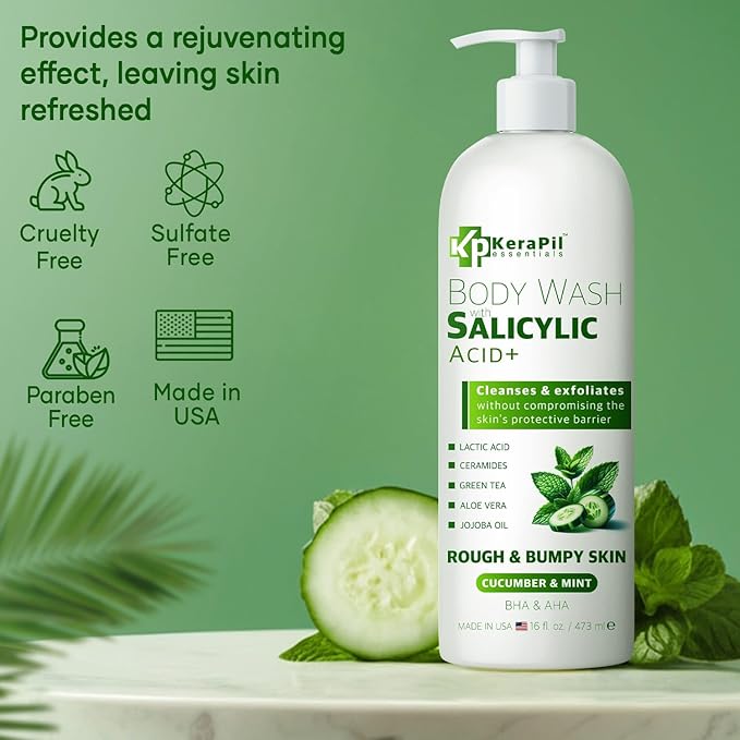 Exfoliating Body Wash with Salicylic Acid - No Dry Out Gentle Exfoliates Rough and Bumpy Skin Body Acne Wash BHA &amp AHA - Cucumber and Mint Salicylic Acid Body Wash - (16 fl oz x 2)