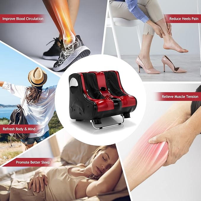 Giantex Foot and Calf Massager with Heat - Shiatsu Foot Massager Machine with Vibration Deep Kneading 3-Level Intensity Modes Electric Foot Massager for Tired Feet Leg Calf Pain Relief (Red)