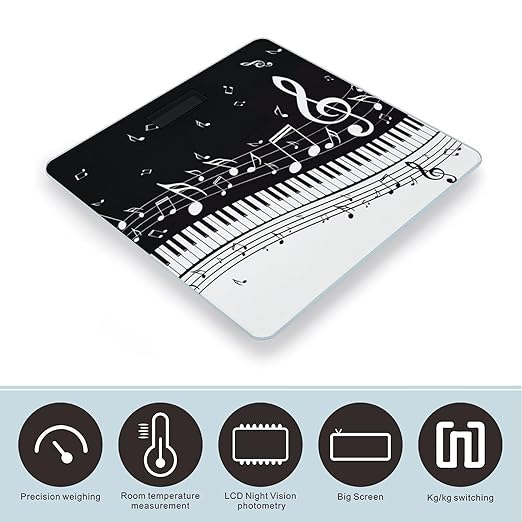 Black White Music Note Scale for Body Weight Anti-Slip Sturdy Tempered Glass Weighing Machine Highly Digital Accurate Bright LCD Bathroom Scale for Household Gift