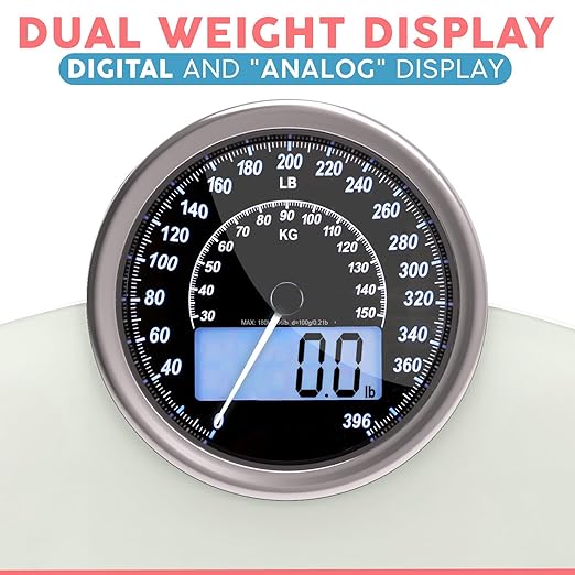 Adamson Hybrid 2-in-1 Analog &amp Digital Weighing Scale for Body Weight up to 400lbs + Thick Tempered Glass + Extra Large Display + Easy to Read Digital Bathroom Scale + New - White