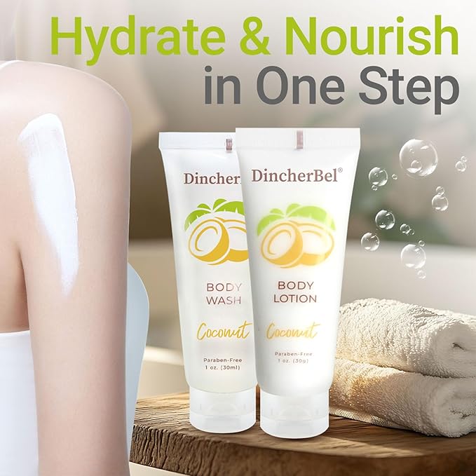 DincherBel Travel Size Body Wash and Body Lotion - Bulk Hotel Toiletries Supplies for Guests - Refreshing Tropical Coconut Scent Shower Gel and Body Cream for Men &amp Women (1 Fl Oz 100 Pack)