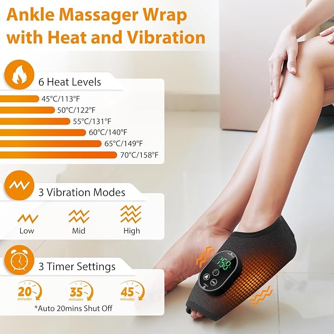 Cordless Ankle Massager with Heat Foot Massager Ankle Heating Pad Wrap for Pain Relief 6 Heats 3 Vibrations Timer &amp Auto Shut Off