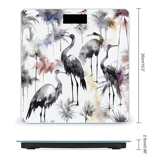 Black and White Crane Pattern Bathroom Scale Automatic Power On/Off Body Scales LCD Backlight Display Square Digital Scale Rounded Corners Bathroom Scales for Home Bedrooms