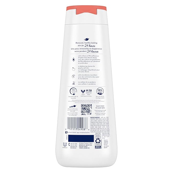 Dove Body Wash Rebalancing White Peach &amp Rice Milk 4 Count for Renewed Healthy Looking Skin Moisturizing Gentle Skin Cleanser with 24hr Renewing MicroMoisture 20 oz