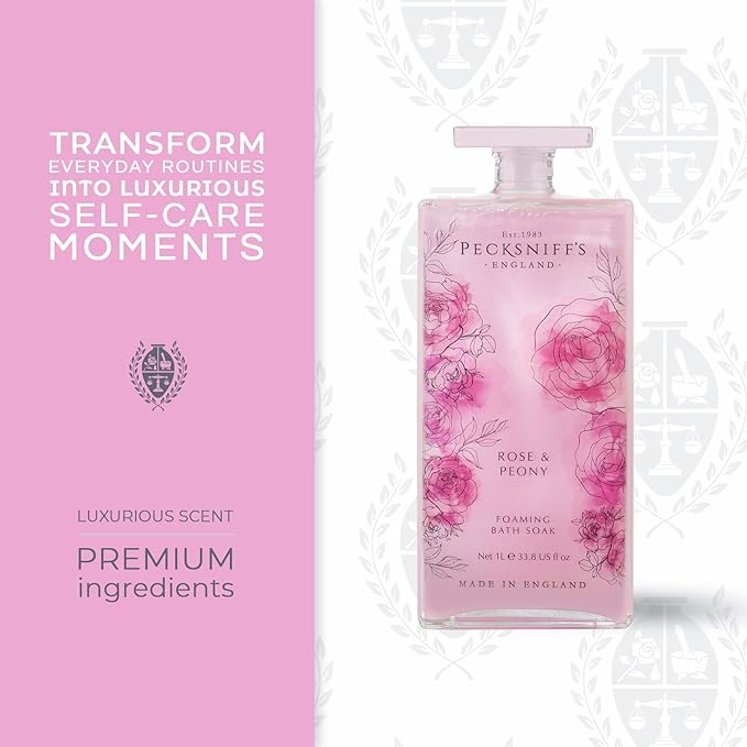 Pecksniff’s Rose &amp Peony Foaming Bath Soak – Luxury Bubble Bath 1L / 33.8 fl oz Made in England