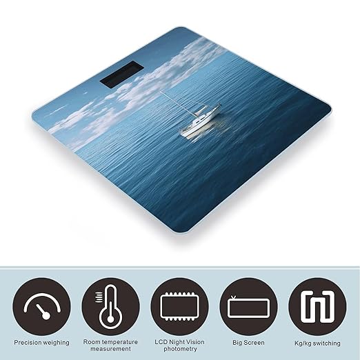 White Boat on Blue Sea Digital Bathroom Scale for Body Weight Weighing Scale with Backlit LCD Display High Precision Measurements &amp Measures Weight Up to 180kg