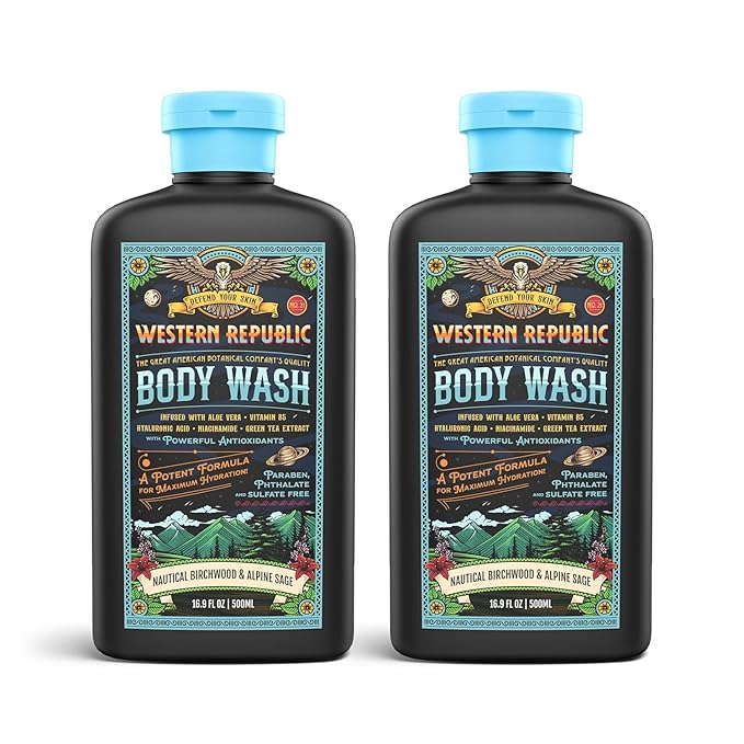 Men's Body Wash | Nautical Birchwood &amp Alpine Sage and Aviator's Eucalyptus &amp Fresh Citrus | Hydrating &amp Anti-Aging Formula with Aloe Niacinamide &amp Hyaluronic Acid (2 Pack) | Made in