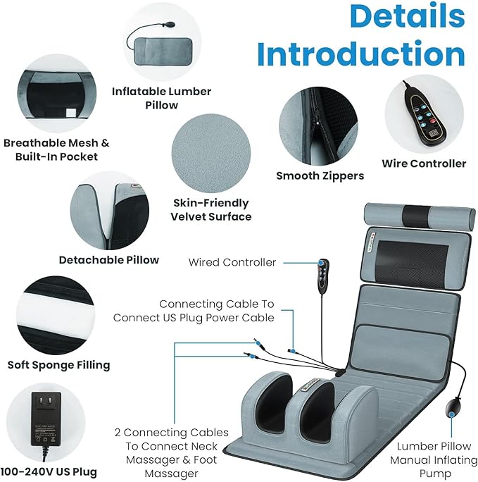 iMounTEK Electric Massage Mat Full Body Heating Vibration Massage Pad Cushion Back Mattress Chair Pad with Neck Foot Head Pillow and Cloth Lumbar Pillow Timer Anti-Slip Bottom/Grey
