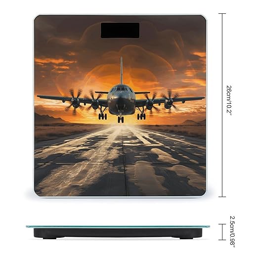 Military Plane Landing on Airforce Runways Against Beautiful Dusky Sky Bathroom Scale Rounded Smart Scale for Body Weight Automatic Power On/Off Weight Scales Accurate Bathroom Digital Scales for Pet