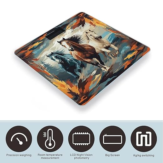 A Pattern with Horses As A Background Scale for Body Weight Accurate Digital Bathroom Scale Toughened Glass High Precision Scales Smart Weight Scales with Large LCD Backlight Display Weighing Machine