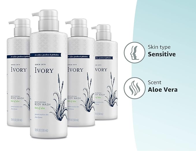 Ivory Sensitive Skin Moisturizing Body Wash Hint of Aloe 17.9 Fl Oz (Pack of 4)