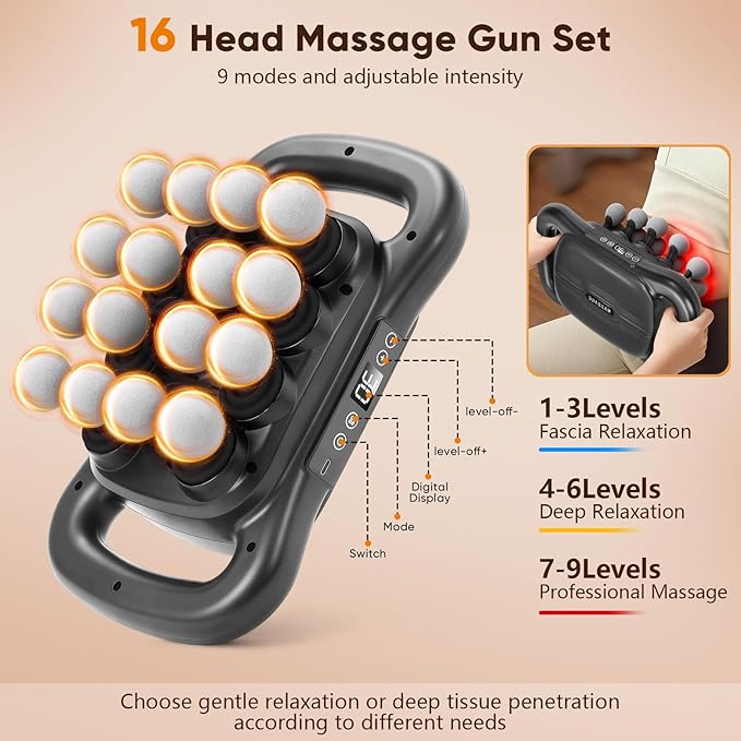 16 Head Massage Gun Handheld Electric Interchangeable MassageDeep Tissue Relief with 9 ModesQuiet Percussion Massager for Neck/Back/Leg Pain Muscle Massager for Athletes Office Workers
