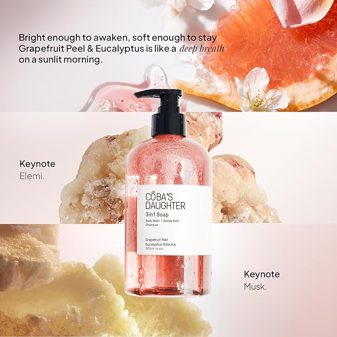 COBA'S DAUGHTER 3in1 Soap | Bubble Bath Body Wash &amp Hand Wash | Aromatherapy-Infused with Grapefruit Peel &amp Eucalyptus Globulus | Inulin &amp Seaweed Extract to Hydrate &amp Soften Skin (16
