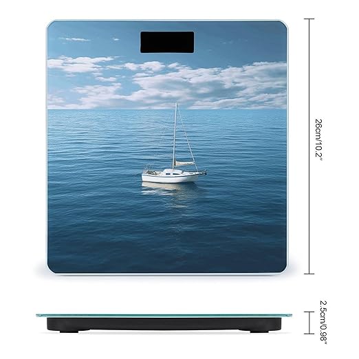 White Boat on Blue Sea Scale for Body Weight Anti-Slip Tempered Glass Digital Bathroom Scales Clear LCD Display Weighing Scale Safe Rounded Corners Smart Scales