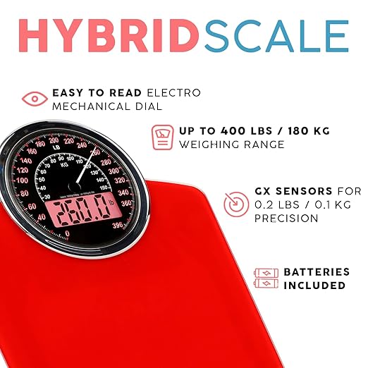 Adamson Hybrid 2-in-1 Analog &amp Digital Weighing Scale for Body Weight up to 400lbs - Thick Tempered Glass - Extra Large Display - Easy to Read Digital Bathroom Scale - New - Red