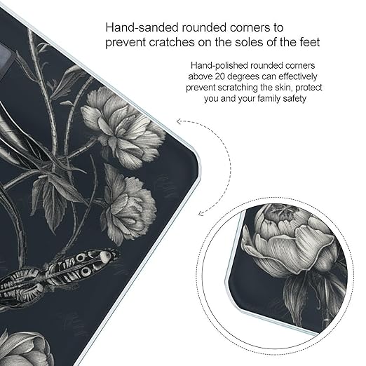 Black Flowers and Dragonfly Weight ScaleClear LED Display Bathroom Digital Weighing ScaleTempered Glass Digital Bathroom Scale for Body Weight Capacity Up to 400 Lbs