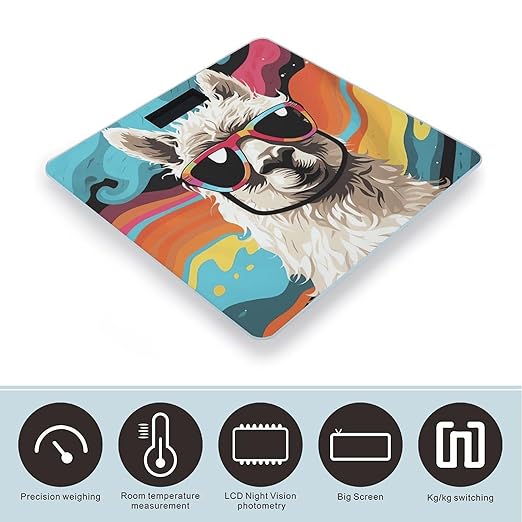 Alpaca Wearing Sunglasses Scale for Body Weight Sturdy Tempered Glass Weighing Scales with LCD Display Accurate Digital Bathroom Scale Convenient Body Fat Smart Scales Easy Read