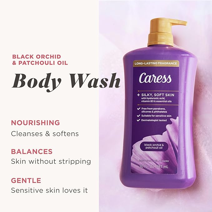 Caress Black Orchid &amp Patchouli Oil Body Wash with Pump Hyaluronic Acid &amp Vitamin B3 for Moisturized Silky Soft Skin Long-Lasting Exotic Fragrance 30 fl oz (4 Pack)