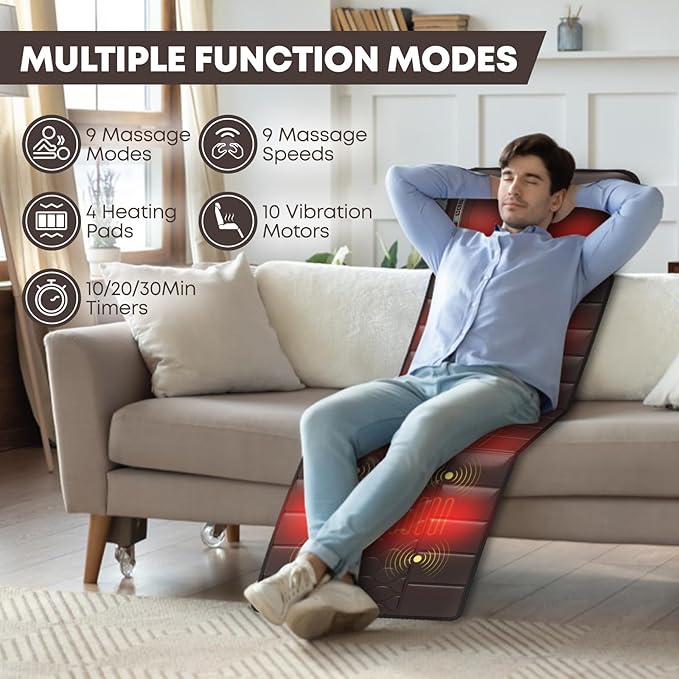 Massage-Mat Detachable Neck Massager Full Body Vibration Heating Massage Pad with 10 Vibrating Motors and 9 Speed Settings for Home Office Use Brown