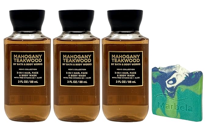 Bath &amp Body Works The Men's Collection 3 Mahogany Teakwood - 3-in-1 Hair Face &amp Body Washes - with an Aloe Vera Sample Soap - Travel size