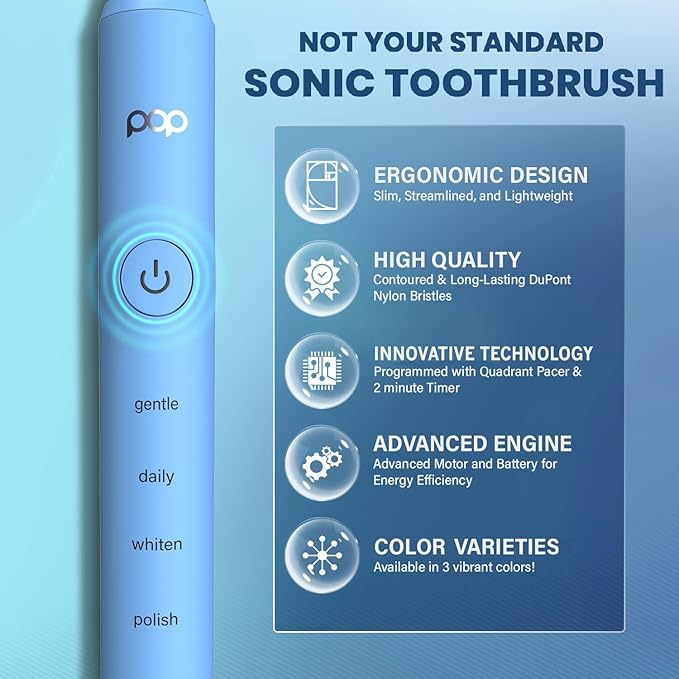 Pop Sonic Pro 2.0 Electric Toothbrush (Blue) Rechargeable Sonic Toothbrush with 45000 Vibrations Per Minute &amp 4 Cleaning Modes for Adults &amp Kids with Long Lasting Dupont Nylon Bristles