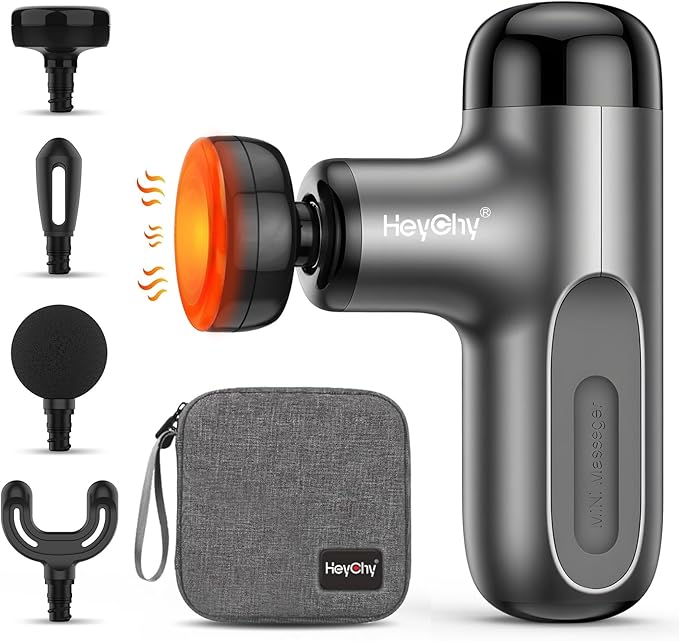 Mini Massage Gun with Heat Deep Tissue Massage Gun Portable Percussion Muscle Massager with 4 Massage Heads for Athletes