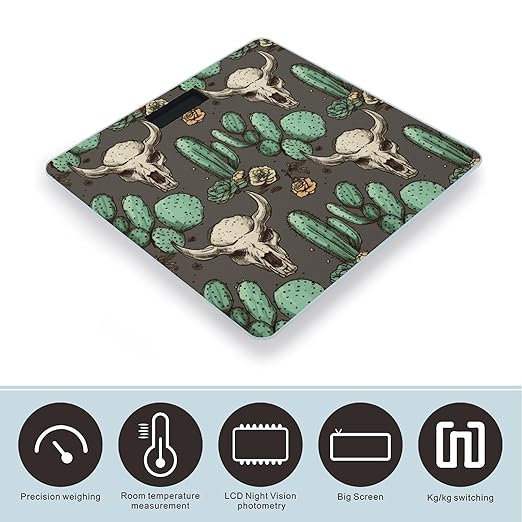 Skull of Bull and Cute Cactus Scale for Body Weight Precision Bathroom Weighing Scales with Back Lit LCD Display Sturdy Tempered Glass Body Weight Scales Digital Bathroom Scale 400lb