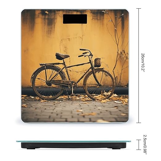 Old Rusty Vintage Bicycle Scale for Body Weight Anti-Slip Tempered Glass Digital Bathroom Scales Clear LCD Display Weighing Scale Safe Rounded Corners Smart Scales