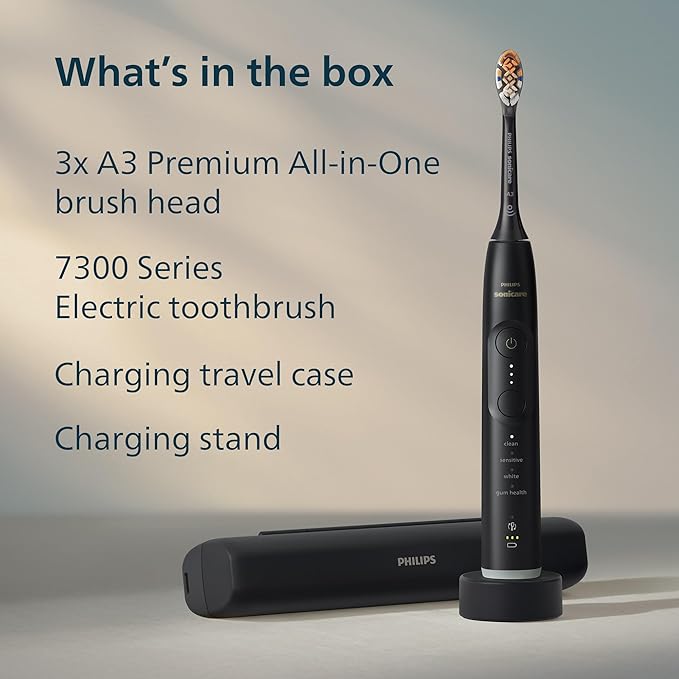 Philips Sonicare 7300 Series Electric Toothbrush - Next-Generation Sonicare Technology Pressure Sensor 12 Brushing Settings SmarTimer BrushPacer 21-Day Runtime Travel Case Black HX7421/07