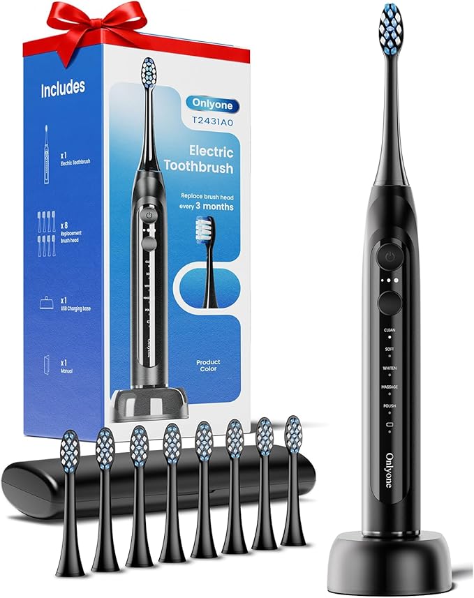 Onlyone Sonic Electric Toothbrush for Adults Rechargeable Ultrasonic Electric Toothbrush with 8 Brush Heads Travel Case Charging Base &amp Wireless Charging - 5 Modes with Smart Timer