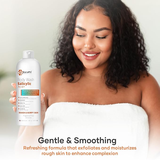 Exfoliating Body Wash With Salicylic Acid - Gentle Exfoliates Rough and Bumpy Skin KP and Acne with BHA &amp AHA - Unscented Body Wash Made in USA - (16 fl oz)