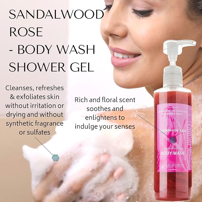 RD Alchemy - 98% Natural &amp Organic Sandalwood Rose Body Wash Shower Gel - Rich and Floral to Soothe and Enlighten while Cleansing Exfoliating and Renewing