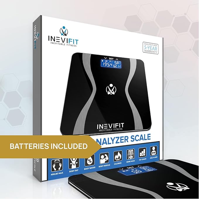 INEVIFIT Body-Analyzer Scale Highly Accurate Digital Bathroom Body Composition Analyzer Measures Weight Body Fat Water Muscle &amp Bone Mass for 10 Users. Includes Batteries