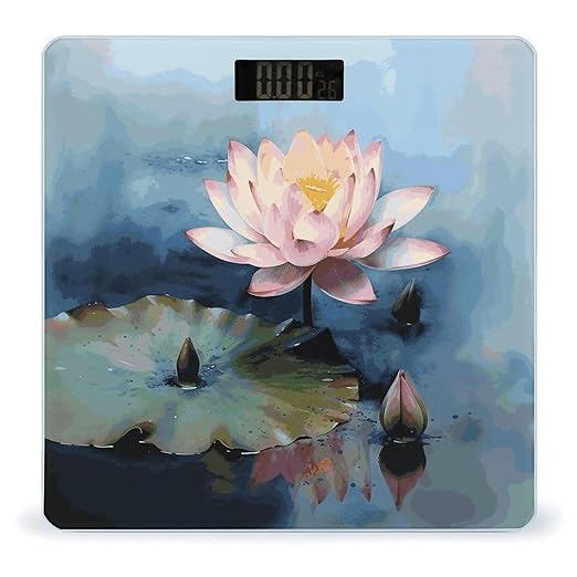 Lotus Flower Painting Scale with LCD Precision Weighing Scales Sturdy Tempered Glass Weight Scales Easy-to-Read Anti-Slip Weight Digital Bathroom Scale for Daily